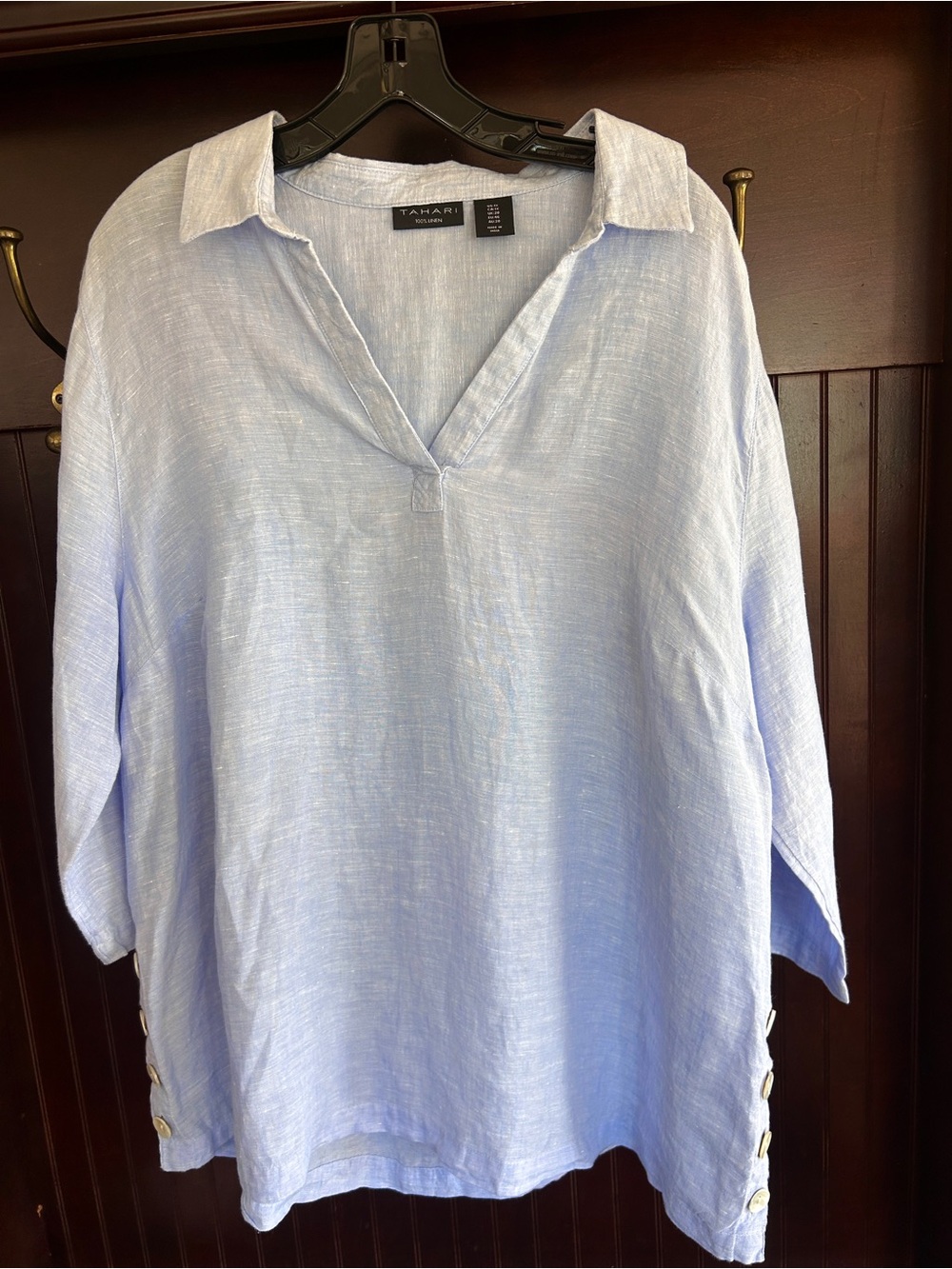 TAHARI Linen V Neck Popover Top 3/4 Sleeve Blue Coastal Breathable Relaxed Sz 1X - Picture 3 of 12